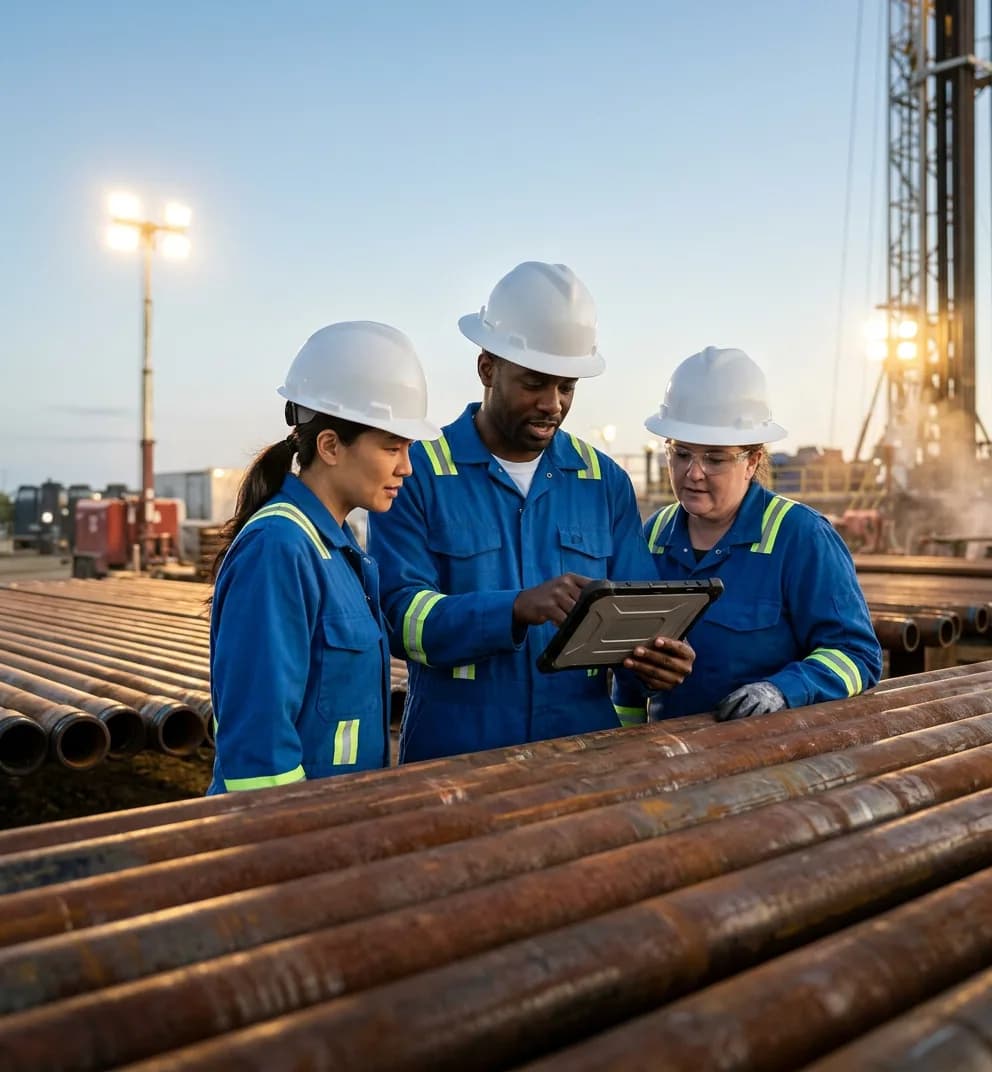 Field technician with tablet, oilfield equipment